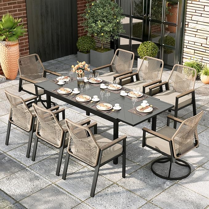 9 Pieces Outdoor Patio Dining Set, Wicker Patio Table and Chairs Set of 8 by MIXPATIO