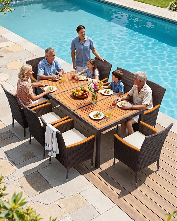 Flamaker 9 Piece Patio Dining Set Outdoor Acacia Wood Table and Chairs - Image 3