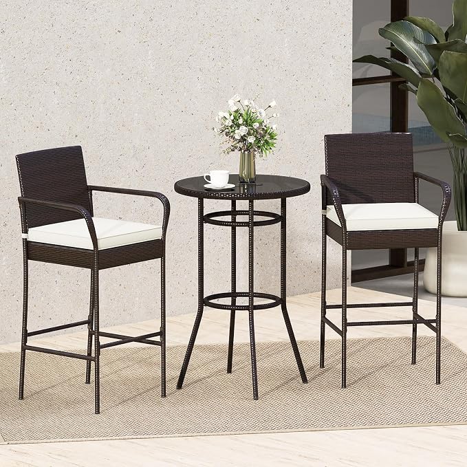 Tangkula 3 Piece Outdoor Bar Set, Patio Rattan Heavy Duty Bar Height Glass Top - Image 2