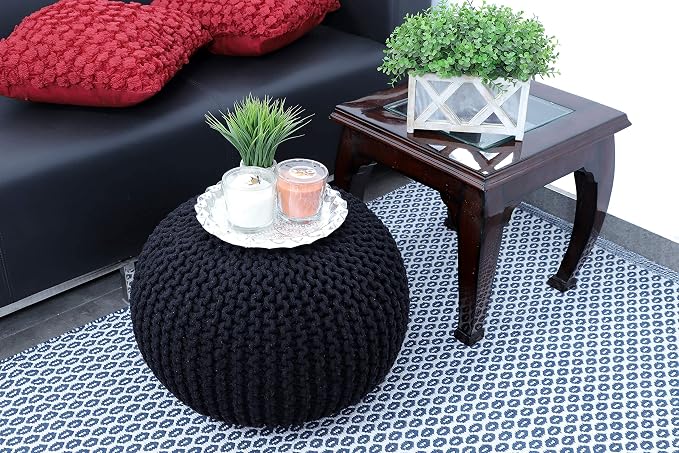 FRELISH DECOR Round Pouf Ottoman Hand Knitted 100% Cotton Pouf Foot Stool - Image 8