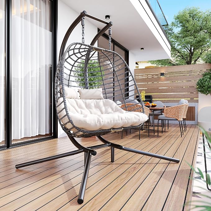 Double Hanging Egg Chair wth Stand, Patio Hammock Swing Chair - Image 7
