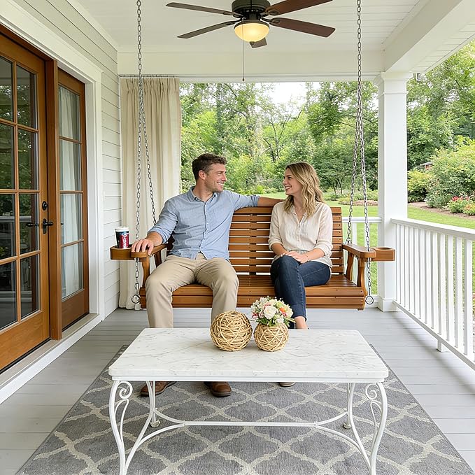 Wooden Porch Swing 2-Seater, High Backrest and Deep Seat, Bench Swing - Image 2