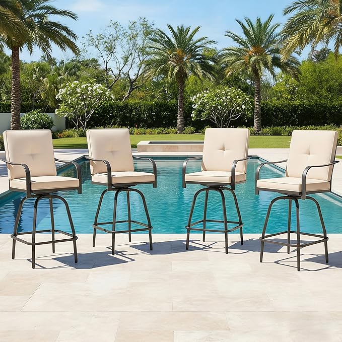 Patio Swivel Bar Stools Set of 4, Outdoor Bar Height Swivel Chairs by STRPRETTYBASIC