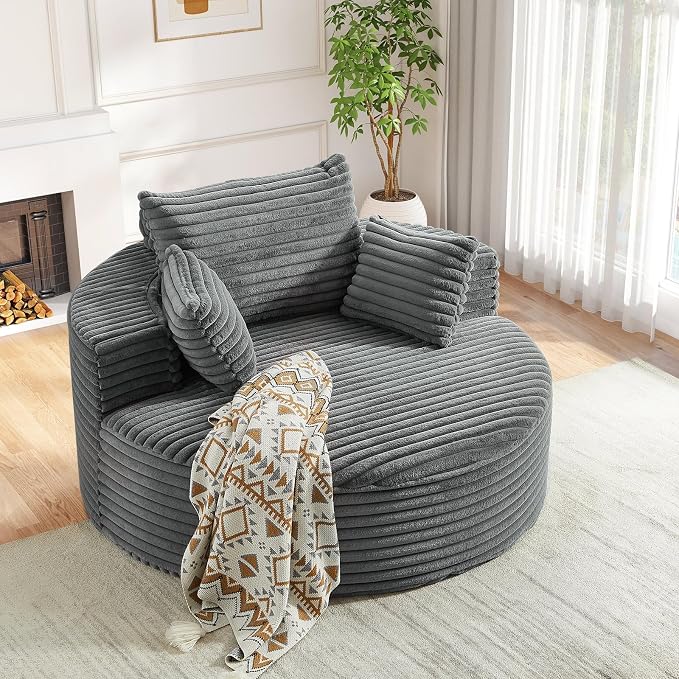 Oversized Round Chaise Longue Chair Indoor, Modern 55-inch Upholstered Corduroy - Image 3