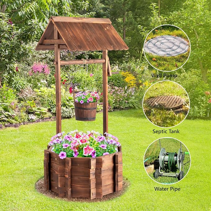 VINGLI Wooden Wishing Well Outdoor Planters, Well Covers - Image 6