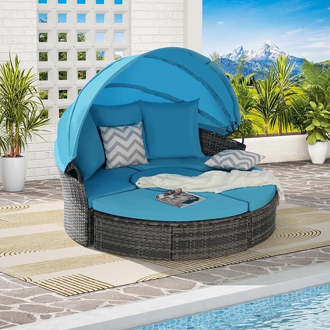 Merax 5 Pieces Outdoor Patio Round Daybed Furniture, All-Weather Wicker by Merax