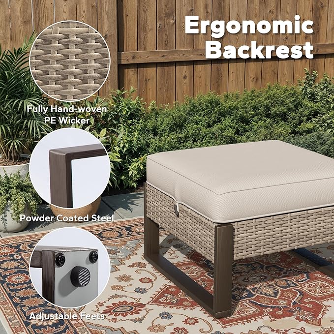 Joyside Outdoor Patio, All-Weather PE Rattan Ottomans Footstools - Image 3