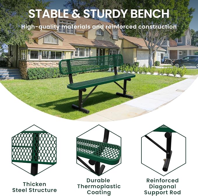 6 Feet Steel Park Bench for Outside, Outdoor Bench - Image 3