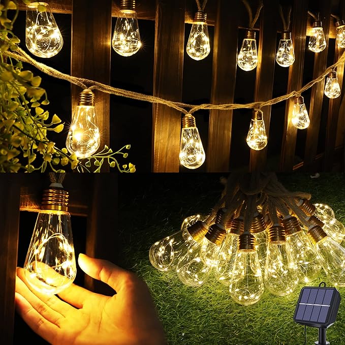 Solar Outdoor String Lights, 20Ft Vintage Rope Hemp Solar Patio Lights by Jnaurb