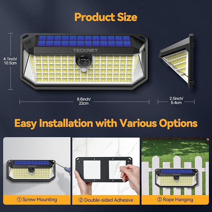 TECKNET 4200Lm 416 LED Solar Lights Outdoor Waterproof, 300° Angle & 3 Lighting - Image 7