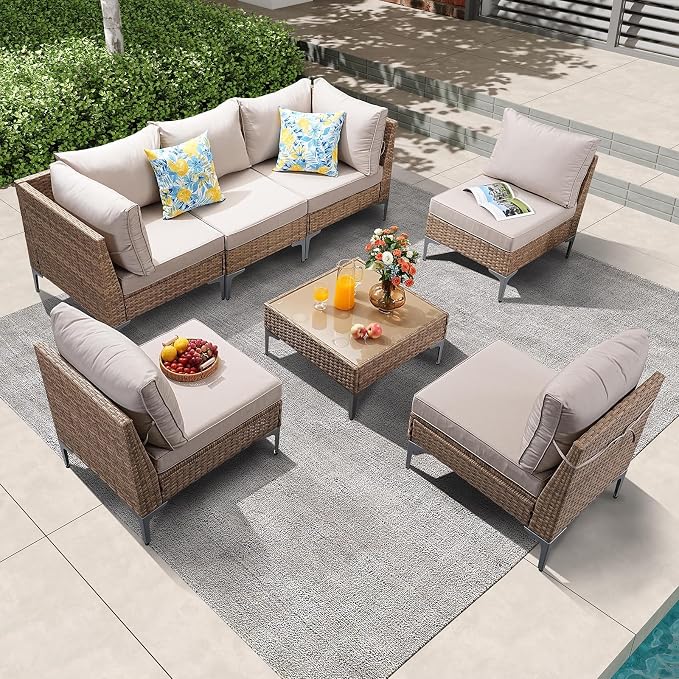7 Piece Patio Furniture Set, Wicker Modular Outdoor Furniture by Unknown
