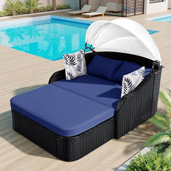 Patio Furniture Daybed with Retractable Canopy, Outdoor Wicker Rattan Sectional - Image 5