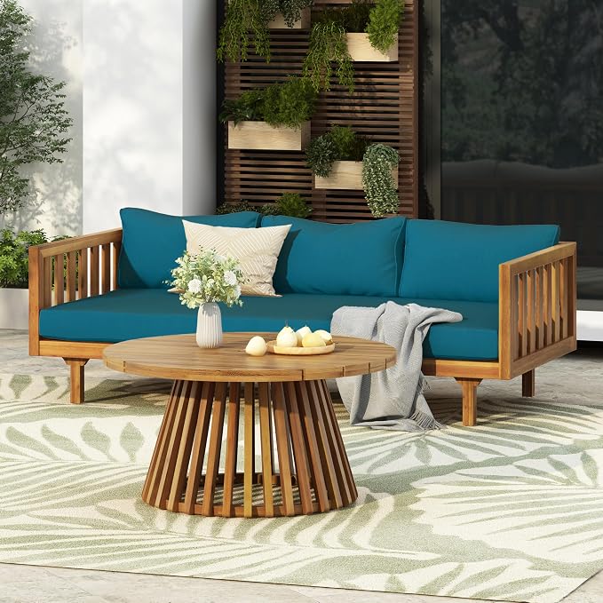 Merax Outdoor Acacia Wood Conversation Set, 3-Seat Loveseat Sofa w/Coushion and - Image 2