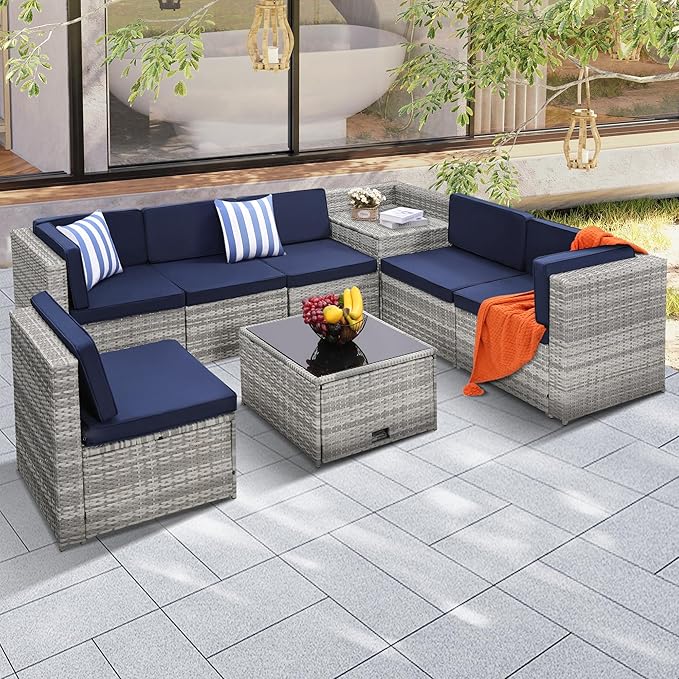 8-Piece Patio Furniture Set, Outdoor Wicker Rattan Sectional by KROFEM