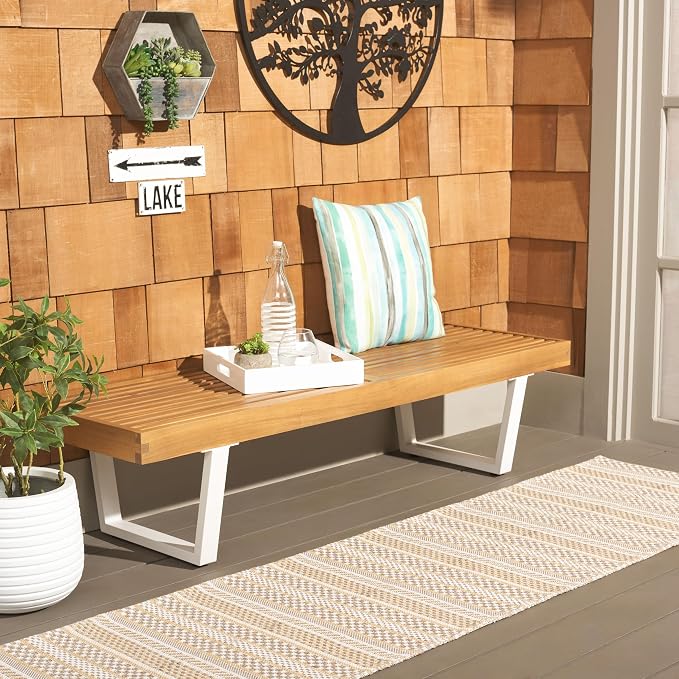 SAFAVIEH Outdoor Patio Furniture Heather Natural Brown Solid Wood & White Legs - Image 9