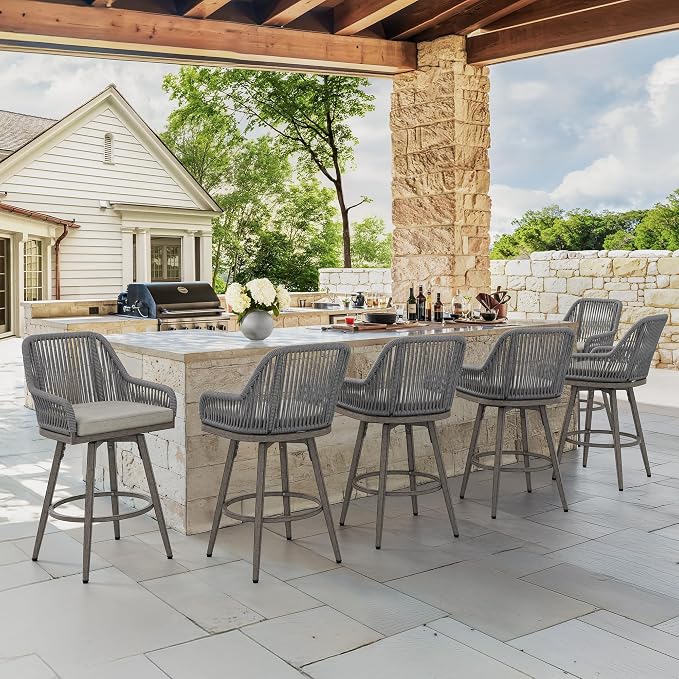 Outdoor Bar Stools Set of 6, 360° Swivel Aluminum Rattan Bar Stool by COZYMAN