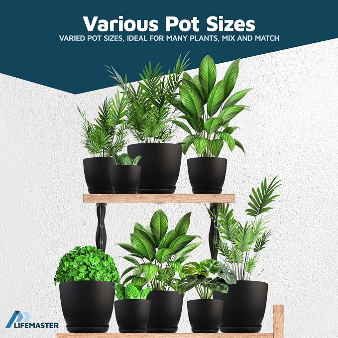 Black Plant Pots with Drainage Holes & Saucers 3 Pack, Indoor & Outdoor - Image 4
