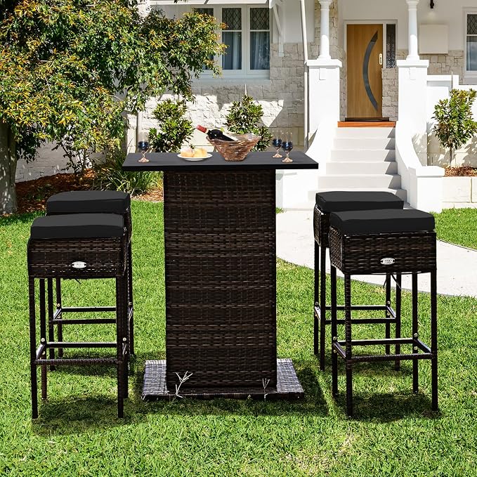 HAPPYGRILL 5 Pieces Rattan Bar Set, Outdoor Wicker Bar Table and 4 Bar Stools - Image 4