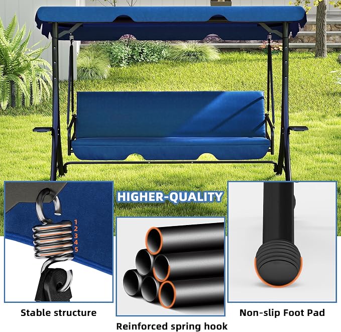 3 Seat Patio Swing with Canopy, Outdoor Porch Swing with Stand - Image 4