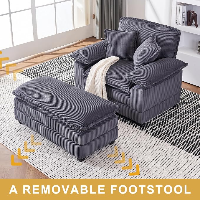 46.9" W Oversized Chair with Ottoman, Corduroy Upholstered Chaise Lounge Chair - Image 6