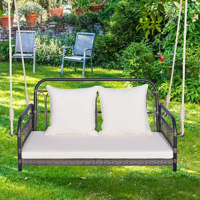 Tangkula Outdoor Wicker Porch Swing, 2-Person Hanging Seat - Image 4