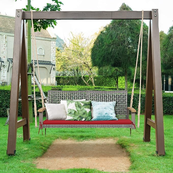 Happygrill 2-Person Patio Porch Swing Chair, Outdoor Rattan Swing Bench - Image 3