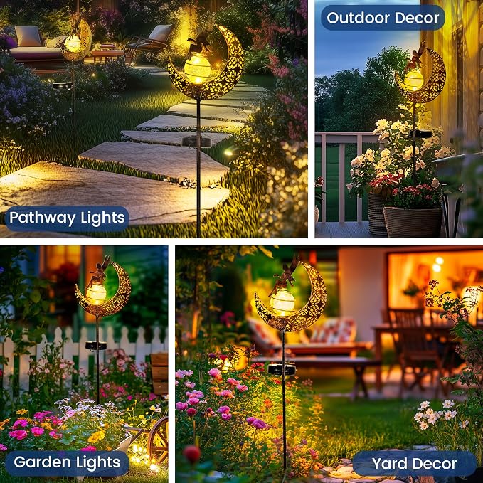 Fairy Garden Solar Lights Outdoor Moon Stakes, Waterproof Outdoor Metal Decor - Image 2