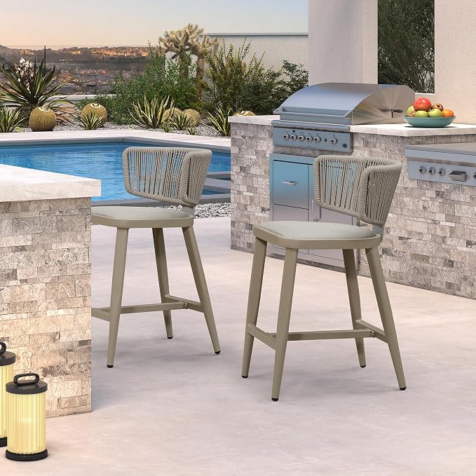 PURPLE LEAF Outdoor Counter Height Bar Stool Set of 2 Modern Rattan Bar Chairs - Image 3