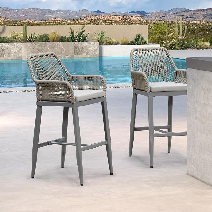 PURPLE LEAF Outdoor 29" Wicker Bar Stools Set of 2, Boho Patio Bar Height Chair - Image 2
