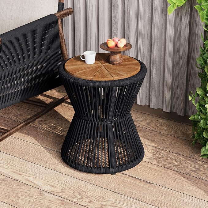 Scott Living Nara 18.9" Acacia Wood Outdoor Side Table, Metal Frame+Woven Rope by ScottLivingbyDrewJonathan