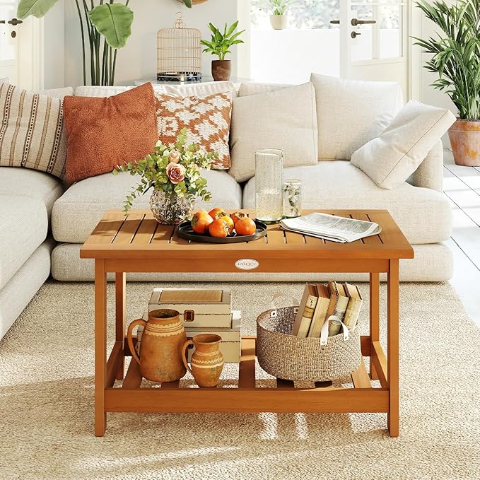 Tangkula Outdoor Acacia Wood Coffee Table, Patio 29.5” Rectangle Slatted 2 Tier - Image 5