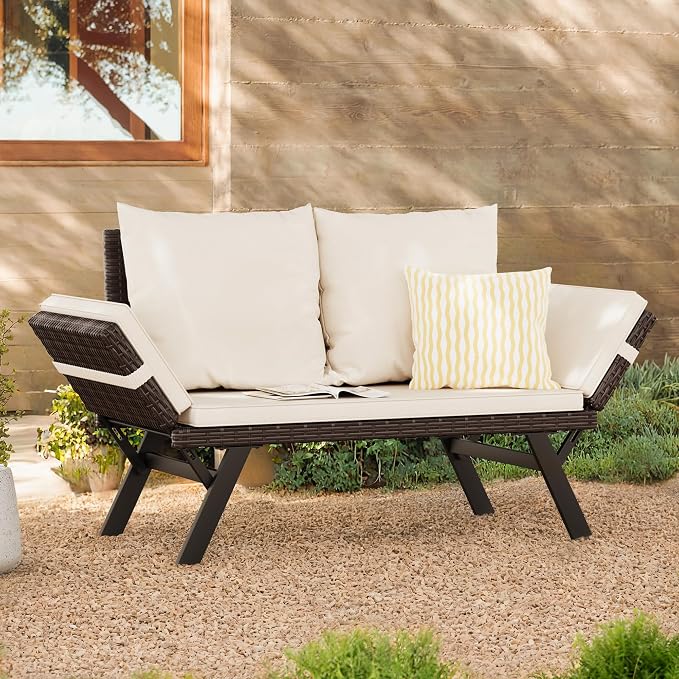Flamaker Outdoor Convertible Sofa, Woven Rattan Patio Furniture Sunbed - Image 8