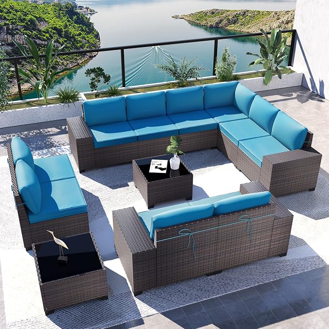 Kullavik Outdoor Patio Furniture Set, 12 Pieces Sectional Rattan Sofa Set Brown by KULLAVIK