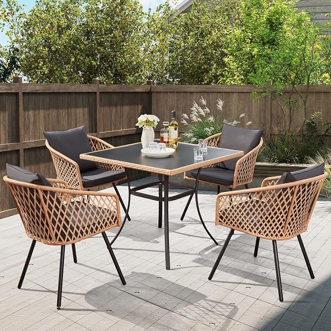 ECOTOUGE 5 Piece Patio Dining Set, Wicker Outdoor Furniture Set w/Glass Square - Image 6