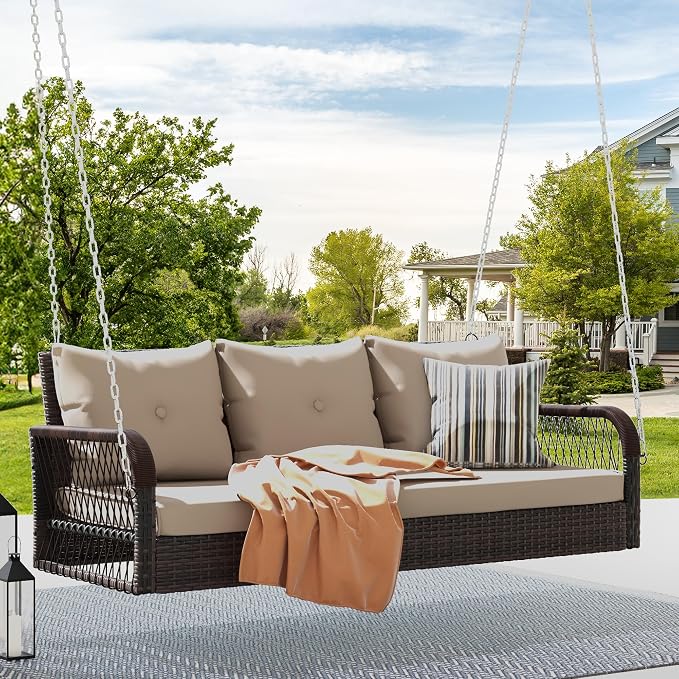 DWVO 3 Seats Porch Swing Hanging Bench Swing Outdoor Wicker Patio Swing Lounge by DWVO
