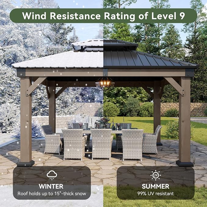 Aoxun 10' x 12' Outdoor Wood Gazebo, Hardtop Gazebo Permanent Wooden Pavilion - Image 5