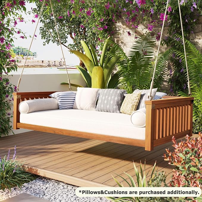 LUMISOL Twin Size Patio Swing Bed, Wooden Porch Swing Frame - Image 6