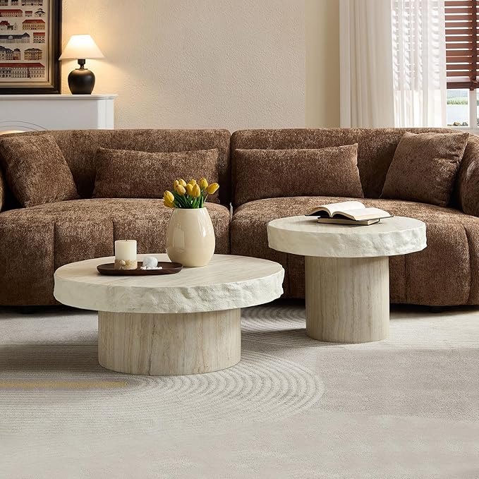 Round Coffee Table Set of 2, Faux Marble Pattern Center Table Imitation Stone by JURMALYN