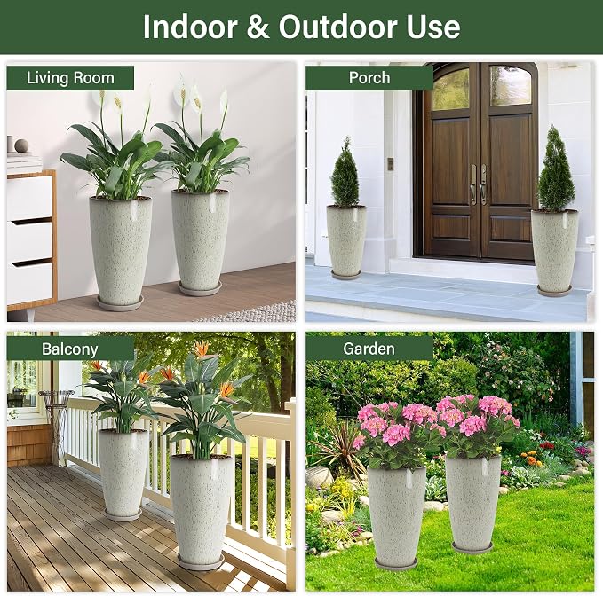 Set of 2 Lightweight Ceramic-Look Tall Planter, 21 inch Large Plastic Planter - Image 6