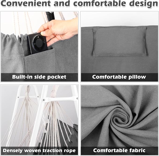 Hammock Chair with U Shape Stand, Cotton Swing Chair with Side Pocket, - Image 4