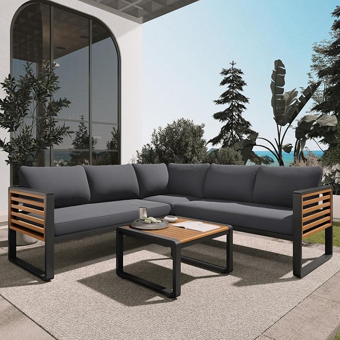 4 Pieces Outdoor Patio Conservation Set, Metal and Wood Frame Sectional - Image 10