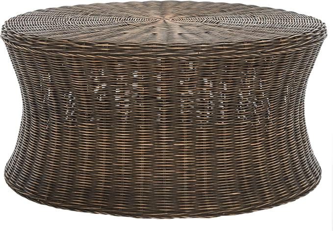 SAFAVIEH Home Collection Ruxton Dark Brown Rattan Round Coffee Table Ottoman by SAFAVIEH