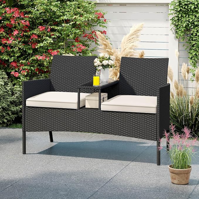 Tangkula Patio Loveseat with Built-in Table, Wicker 2-Seat Furniture with Soft - Image 3