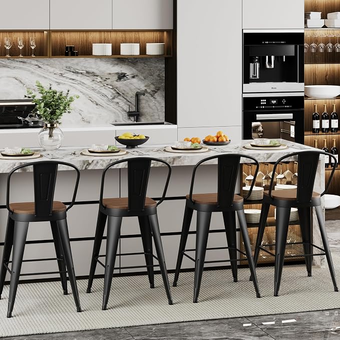 ALISH 26 Inch Industrial Bar Stools Set of 4, High Back Metal Barstools - Image 8