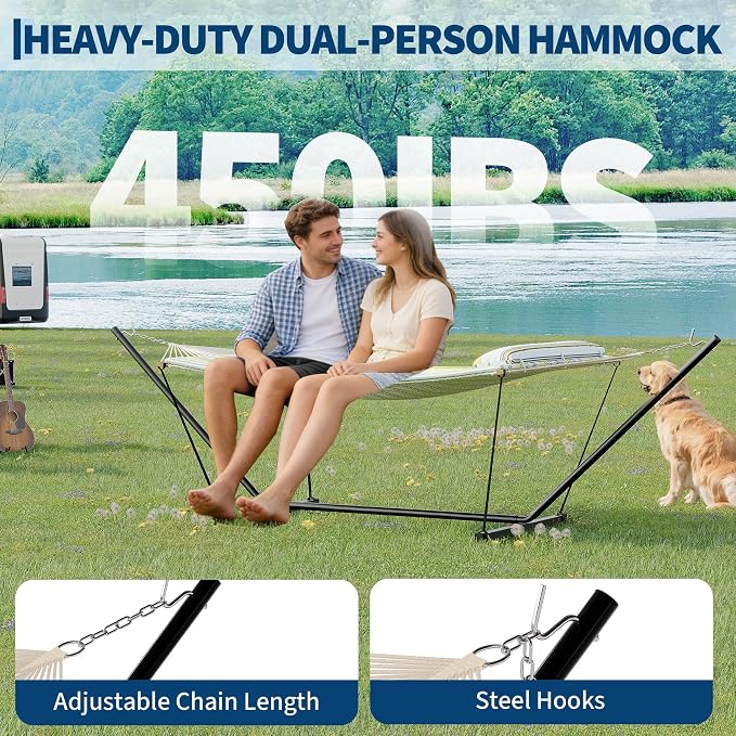 Double Hammock with Heavy-Duty Steel Stand, 2 Person Portable Hammock, 450LBS - Image 3
