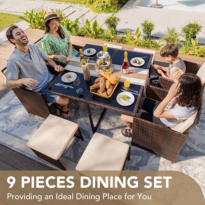 Devoko 9 Pieces Patio Dining Sets Outdoor Space Saving Rattan Chairs - Image 2