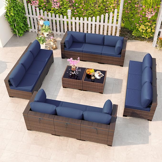 Kullavik 14 Pieces Outdoor Patio Furniture Set, Sectional Rattan Sofa Set Brown by KULLAVIK