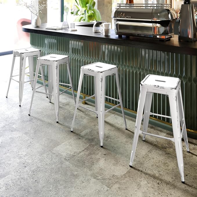 Flash Furniture Kai Commercial Grade 30" High Backless Distressed White Metal - Image 6