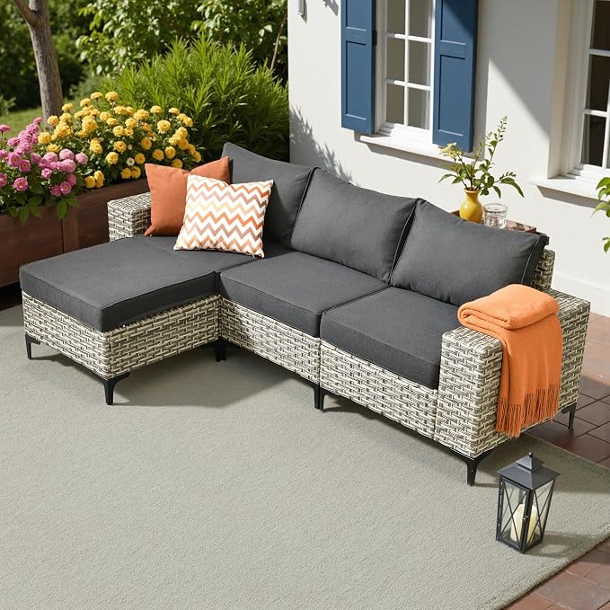 HOOOWOOO Outdoor Sectional Furniture Set, 4 Pieces Wicker Patio Conversation by DesignforBetterLife