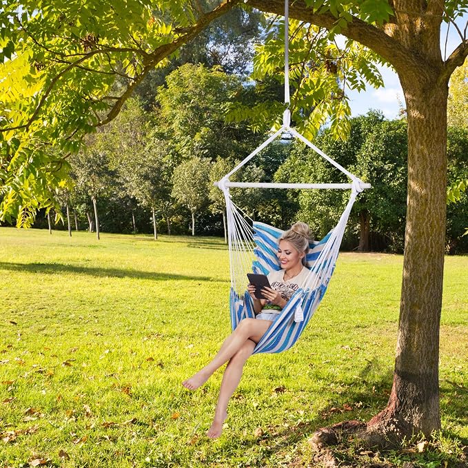 Backyard Expressions Striped Hammock Chair Hanging Rope Swing Chair, Anti Slip - Image 3